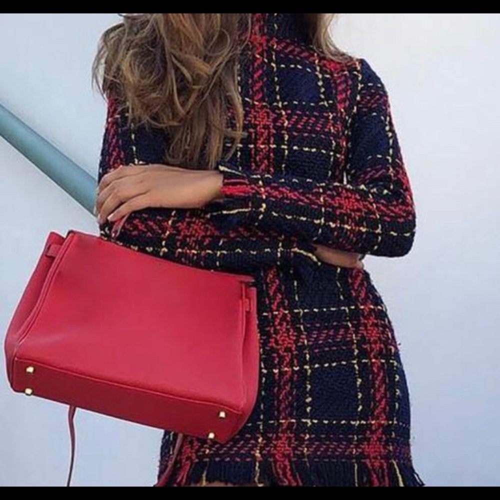 Red and navy blue pattern dress